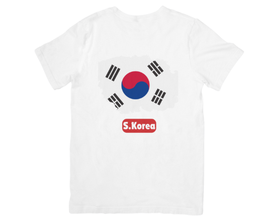 White t-shirt with South Korean flag design on a white background