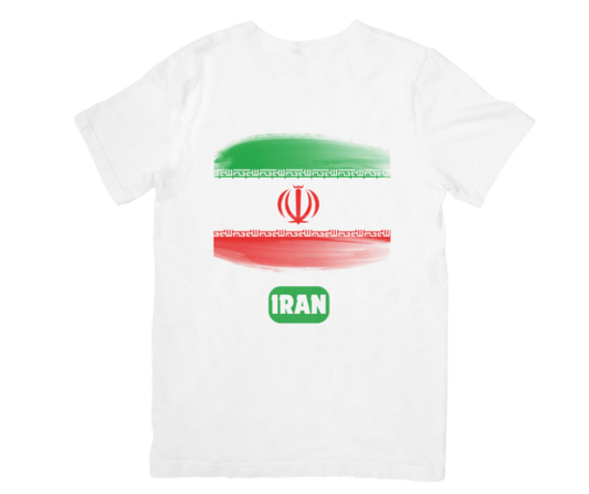 White t-shirt with Iran flag design on a white background