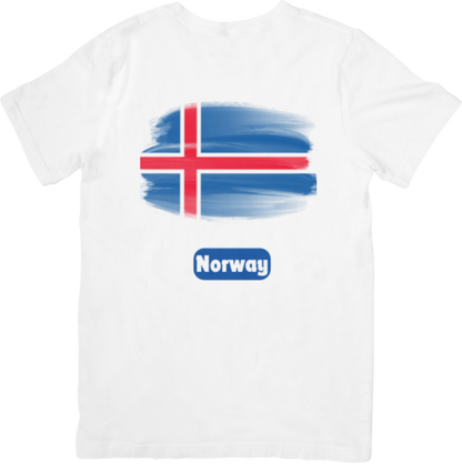 White t-shirt with a stylized flag of Norway and the word 'Norway' on a white background
